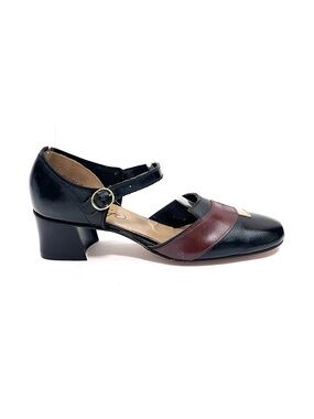 Vintage 1960s black vegan leather brown appliqué d'Orsay Mary Jane heels